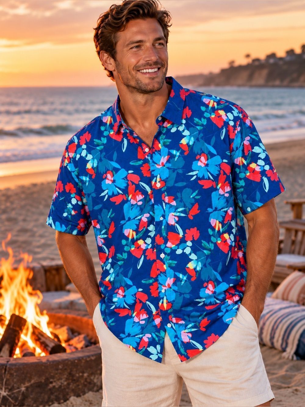 Bonobos Tropical Floral Hawaiian Short Sleeve Button Down Shirt Large EUC